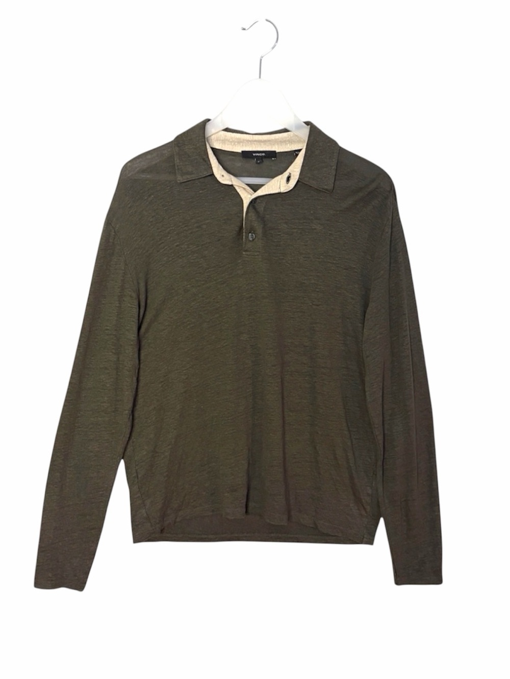 Vince Mens Frog Green Linen Slub Knit Polo Shirt Small Long Sleeve